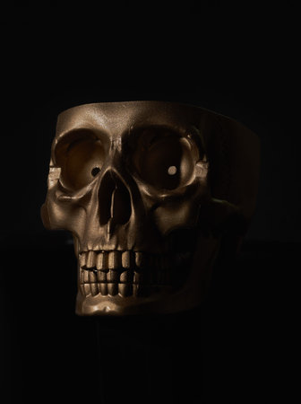 Gold human Skull Isolated on blackの写真素材