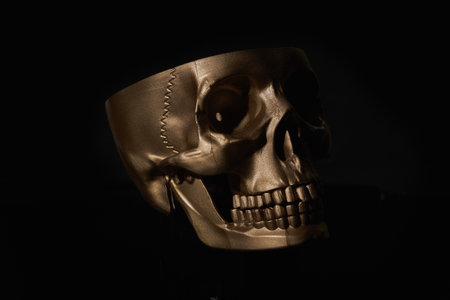 Gold human Skull Isolated on blackの写真素材