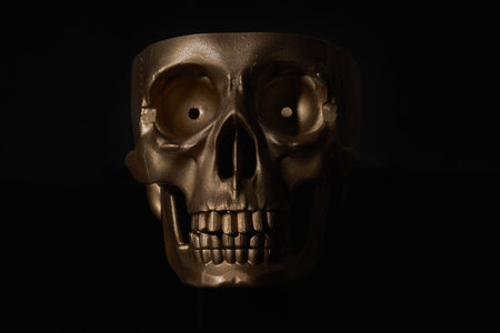 Gold human Skull Isolated on blackの写真素材