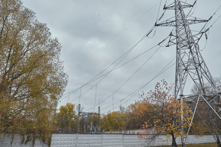 Power mast for high voltage electricity pylon with cables in nice landscape