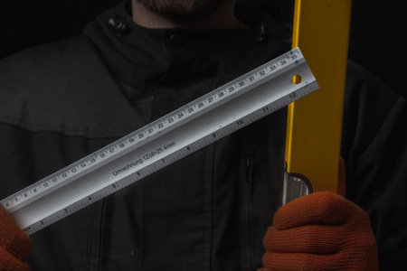 joiner hand holding yellow water level and angle ruler device isolated on black background close-up...
