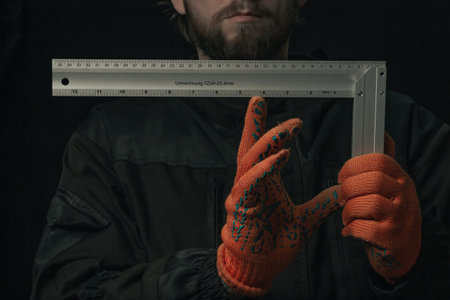 joiner hand holding yellow water level and angle ruler device isolated on black background close-up...