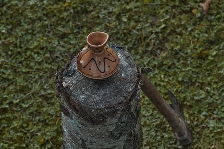 Traditional clay pitcher jug on log in the yard of house with a rustic wooden fence background Old...