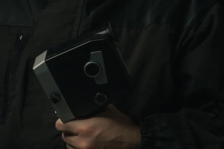 Vintage movie camera in man hand isolated on a blackbackground