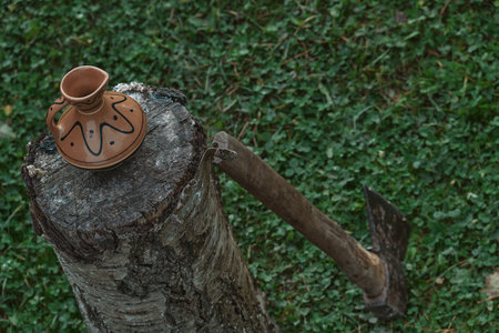 Traditional clay pitcher jug on log in the yard of house with a rustic wooden fence background Old ceramic potの写真素材