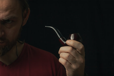 Lumberjack brutal beard muscled man in red shirt with smoking tube pipe standing on dark backgroundの写真素材