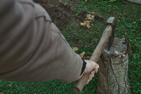 Old rusty axe with wooden handle stuck in the stump Large ax in hand