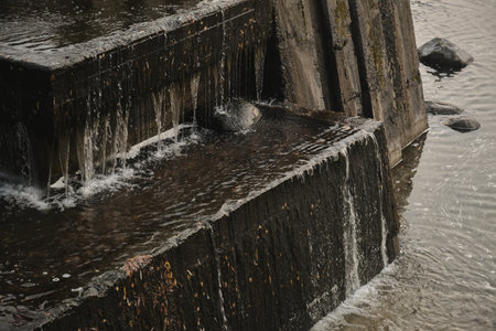 A waterfall flowing at park Wall of water A beautiful view of the falling water cascade city fountain close-up pouringの写真素材