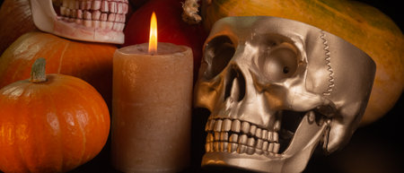 Yellow-orange pumpkins with candles and skulls on a black background the concept of Halloween and the autumn harvest of pumpkin close-up copyspace from aboveの写真素材