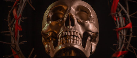 Skull of a person with crown of thorns close up on a black backgroundの写真素材