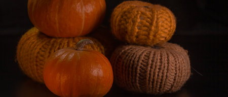 Yellow-orange pumpkins on a black background the concept of Halloween and the autumn harvest of pumpkin close-up copyspace from aboveの写真素材