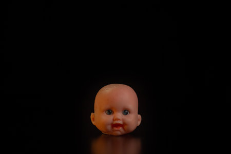 Damaged Dirty Doll head on black background isolatedの写真素材