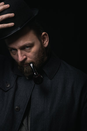 stylish man in retro outfit suit hat smoking wooden pipe sherlock holmes look cosplay england gentleman fashionable confident gangster Guy Ritchie Charlie Hunnam styleの写真素材