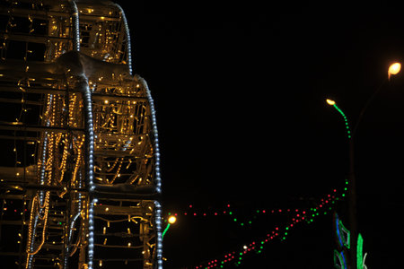 Christmas background Festive abstract background with bokeh defocused and focused lightsの写真素材