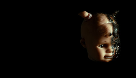 banner with scary Isolated spooky possessed baby girl doll head creepy burnt face with gray eye on black background Close up macroの写真素材