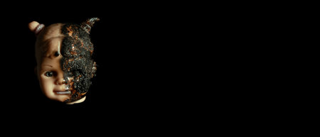 banner with scary Isolated spooky possessed baby girl doll head creepy burnt face with gray eye on black background Close up macroの写真素材