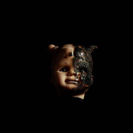 scary Isolated spooky possessed baby girl doll head creepy burnt face with gray eye on black background Close up macroの写真素材