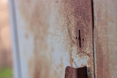 a keyhole on an old rusty safe standing on the street near a white brick wall on the asphalt next to a punched aluminum can and green grassの写真素材