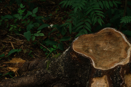 an old rotten stump with roots sticking out of the ground overgrown with moss in the forest texture around grass trees and winding pathsの写真素材