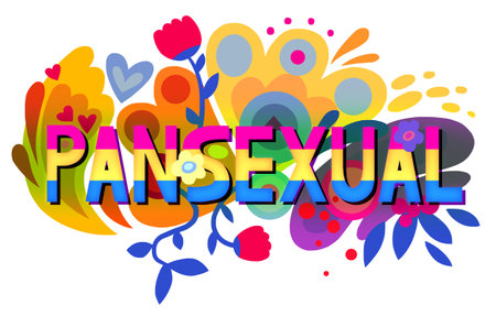 The word "Pansexual" surrounded by flowers, doodles, plants, circles, shapes. Floral creative background. Pansexuality pride flag, colorful drawingの写真素材