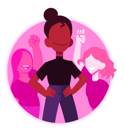 Three women or girls standing up, holding up fists, ready to fight for justice. Feminism, volunteers, activism. Female empowermentの写真素材