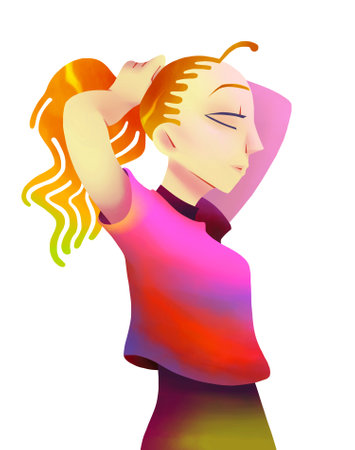 Woman fixing her ponytail, illustration. Vivid and bright colors, texture brushの写真素材