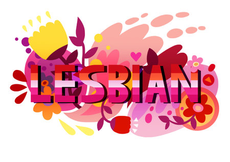 The word "Lesbian" surrounded with colorful doodles, plants, flowers. Lgbt pride poster designの写真素材
