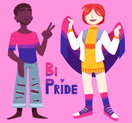 Two bisexual people, bi pride. Woman holding flag. Equality of sexuality, diversityの写真素材