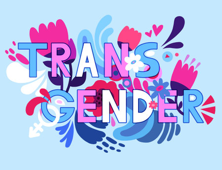 Transgender pride drawing, word surrounded with doodles, flowers, hearts. Pink and blue colors. Trans flag.の写真素材