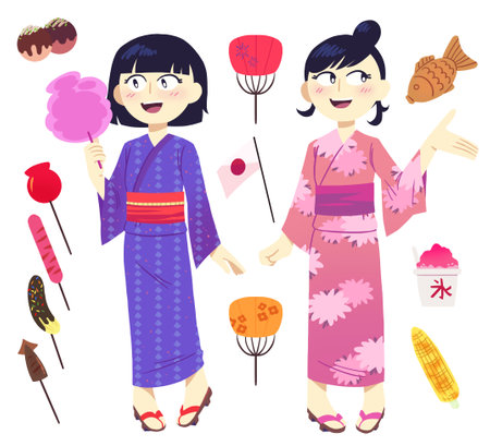 Japanese girls wearing yukata (summer kimonos) during midsummer festival. Festive food of Japan. Asian clothes and snacks.の写真素材