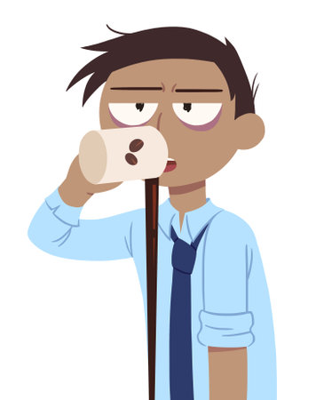 Tired and sleepy office worker drinking coffee, but it is pouring down on the floorの写真素材