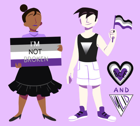Asexuality and asexual pride. Two ace people holding sing and flag. Valid, normal.の写真素材