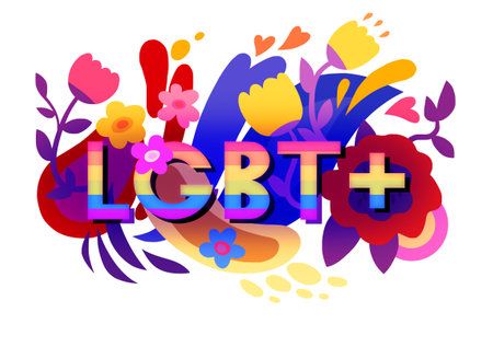 LGBT+ word surrounded by pretty flowers, plants, doodles. Floral background. Rainbow pride flag representing lesbians, gays, bisexuals, trans people and other minorities. Queer love, acceptanceの写真素材