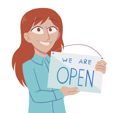 White female small business owner or worker holding up sign for reopening of the place after end of quarantine. Reopening after covid-19の写真素材