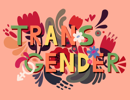 The word "transgender" surrounded by flowers, doodles, patterns. Trans pride. Floral creative backgroundの写真素材