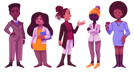 Group of black businesswomen with natural hair. Set of women in the workplace illustrations.の写真素材