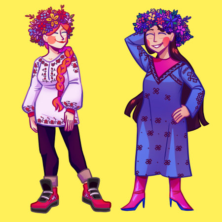 Two Ukrainian women in modernized national outfits. Traditional embroidered shirt with jeans, dress with pattern. Flower crownの写真素材