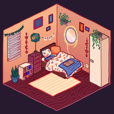 Cozy room, isometric drawing. Illustration of a teen girl's room, rounded edges, soft, warm. Bedroom with plants, garland lights and paintingsの写真素材