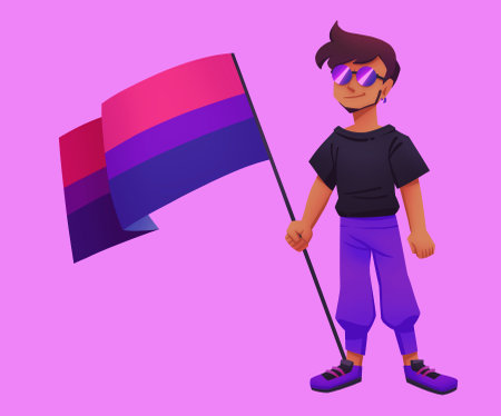 Bisexual man holding bisexuality pride flag on pink or purple background. Bi and lgbt representation, acceptanceの写真素材
