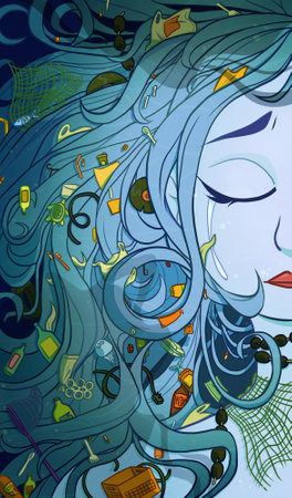 Illustration of ocean or sea as a woman, mother nature in danger. Plastic pollution, bottles, fish nets, containers, bags. Industrial water contamination. Protect marine environment.の写真素材