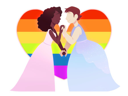 Two gay or lebsian of lgbt women in dresses holding hands in front of big pride flag heart. Women in love, female sexuality. Married, marriage rightsの写真素材