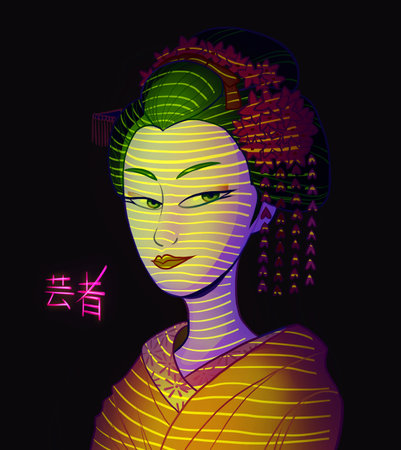 Geisha illustration. Vibrant colors, neon lighting, modern style image. Japanese tradition combined with contemporary imagery. Translation from Japanese: geishaの写真素材