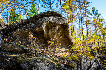 Rock formations in the forest in autumn. Khakassia, Siberia, Russia, Stone Park, Shirinsky Pillars, July Stone Parkの写真素材