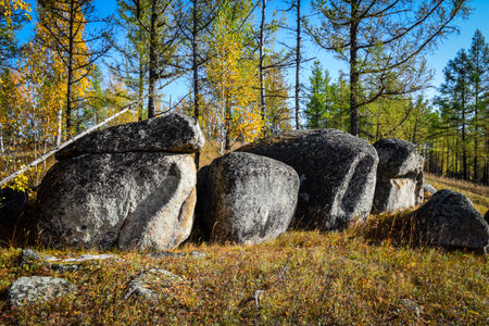 Large boulders in the autumn forest. Khakassia, Siberia, Russia, Stone Park, Shirinsky Pillars, July Stone Parkの写真素材