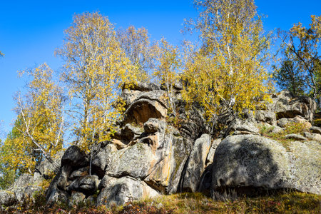 Khakassia, Siberia, Russia, Stone Park, Shirinsky Pillars, July Stone Park Rocks in the autumn...