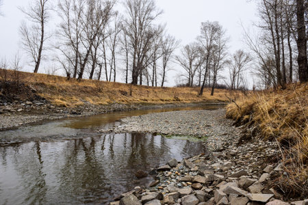 Landscape with the image of a mountain river in early spring. Khakassia, Siberia, Russia