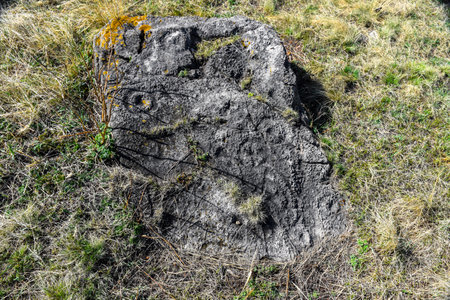 Old stone in the grass on a sunny day in the spring. Khakassia, Siberia, Russia, Sahsyrの写真素材