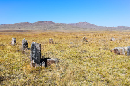 Stone circle in the steppe. Khakassia, Siberia, Russia, Sahsyrの写真素材