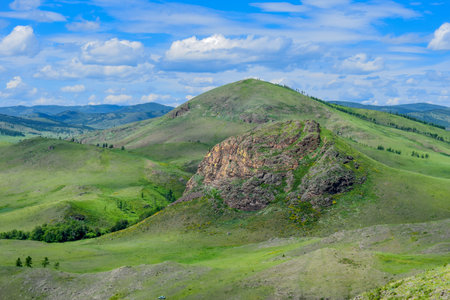 Mountain landscape in the steppe. Paleovolcano surroundings, Khakassia, Siberia, Russiaの写真素材