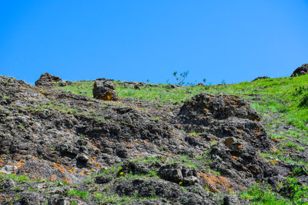 Volcanic landscape. Paleovolcano surroundings, Khakassia, Siberia, Russia